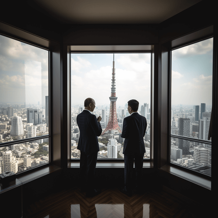 Two businessmen conversing by an office window with a view of Tokyo Tower.
